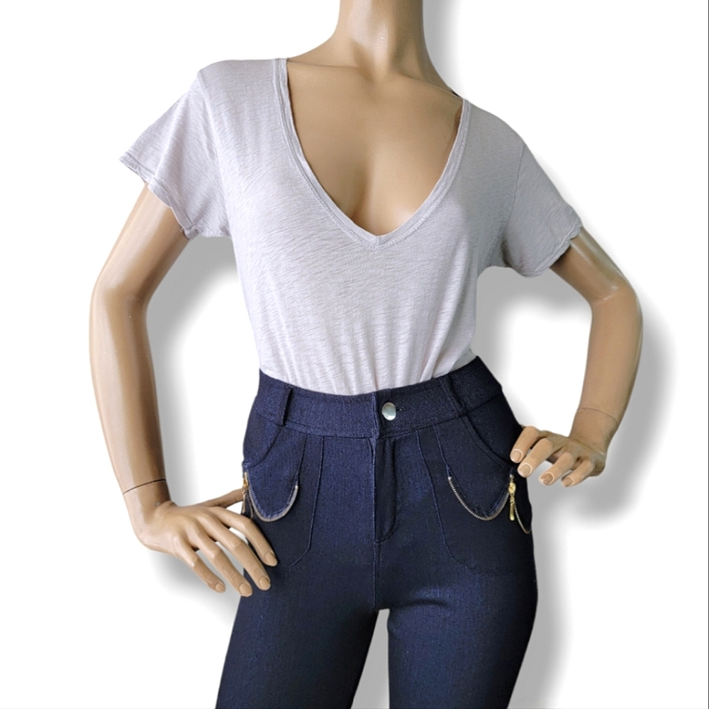 Brandy Melville Gray Deep V-Neck T-Shirt